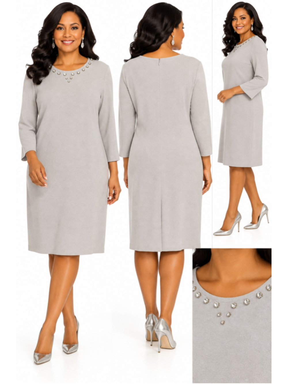 St. John Long Sleeve Dress, Beige, Size 12, Embellished Neckline